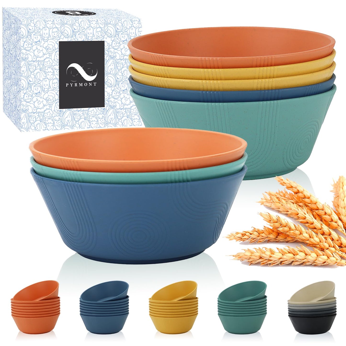 PYRMONT 36 OZ Wheat Straw Bowls Set of 8 Large Cereal Bowls Reusable Soup Bowls Microwave & Dishwasher Safe Unbreakable Bowls Kitchen for Cereal,Salad, Rice,Noodles - Multi
