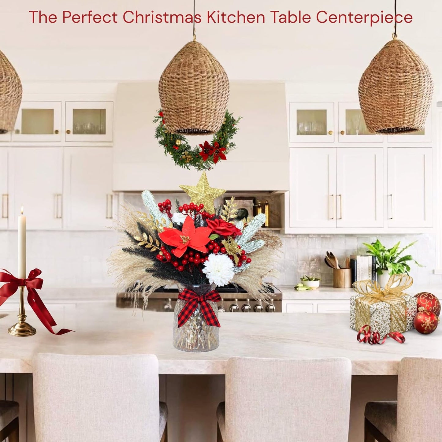 RyddeligHome Christmas Centerpieces - 100pcs Holiday Floral Arrangements for Tables | Red Poinsettia & Pine Decor