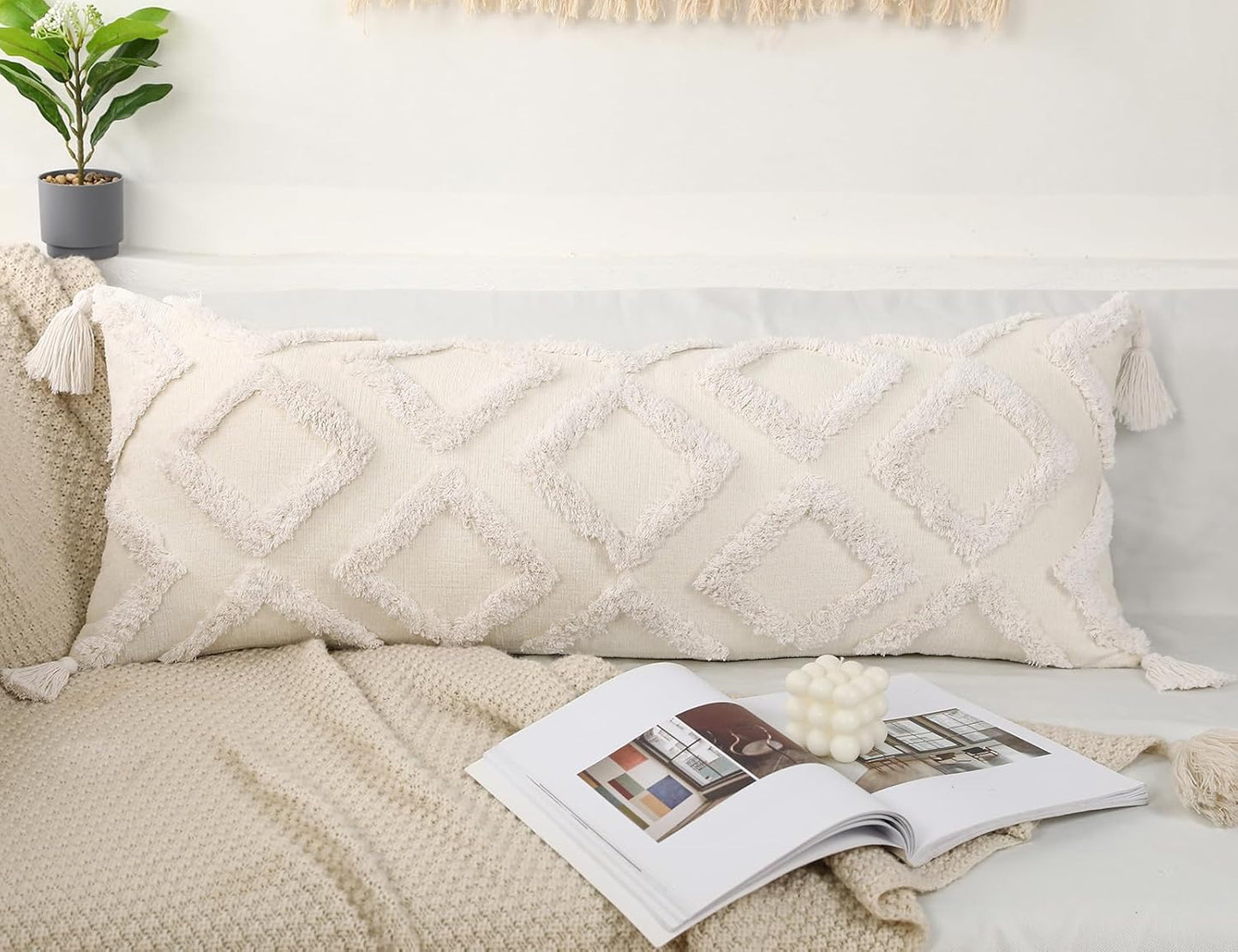 PANOD Decorative Long Lumbar Pillow Cover - Super Soft Chenille with Tassels | 14x36 White Boho Design for Sofa & Bed