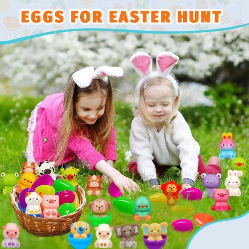 24 Pack Filled Easter Eggs for Kids Prefilled Egg Fillers Squishy Toys Stuffed Easter Eggs Easters Gifts Basket Stuffers for Kids Girls Toddlers Boys Non Candy Easters Egg Hunt Party Favors Animals
