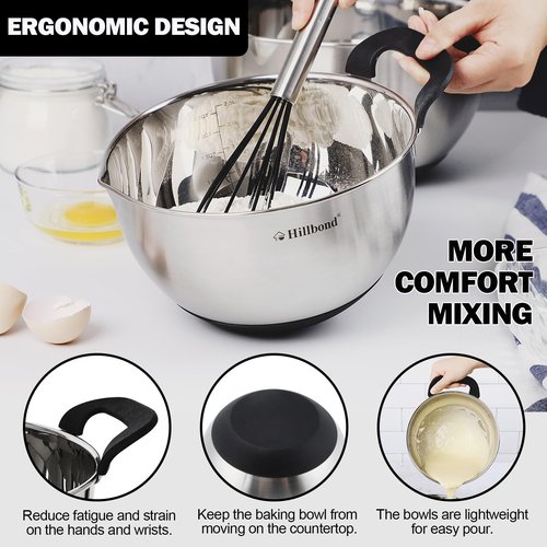 Hillbond Stainless Steel Bowls with Lids Set Mixing Bowls with Pour Spout, Silicone Handle and Non-Slip Bottoms for Baking, Metal Bowls Mixing Dishwasher Safe, Set of 3 (Black)