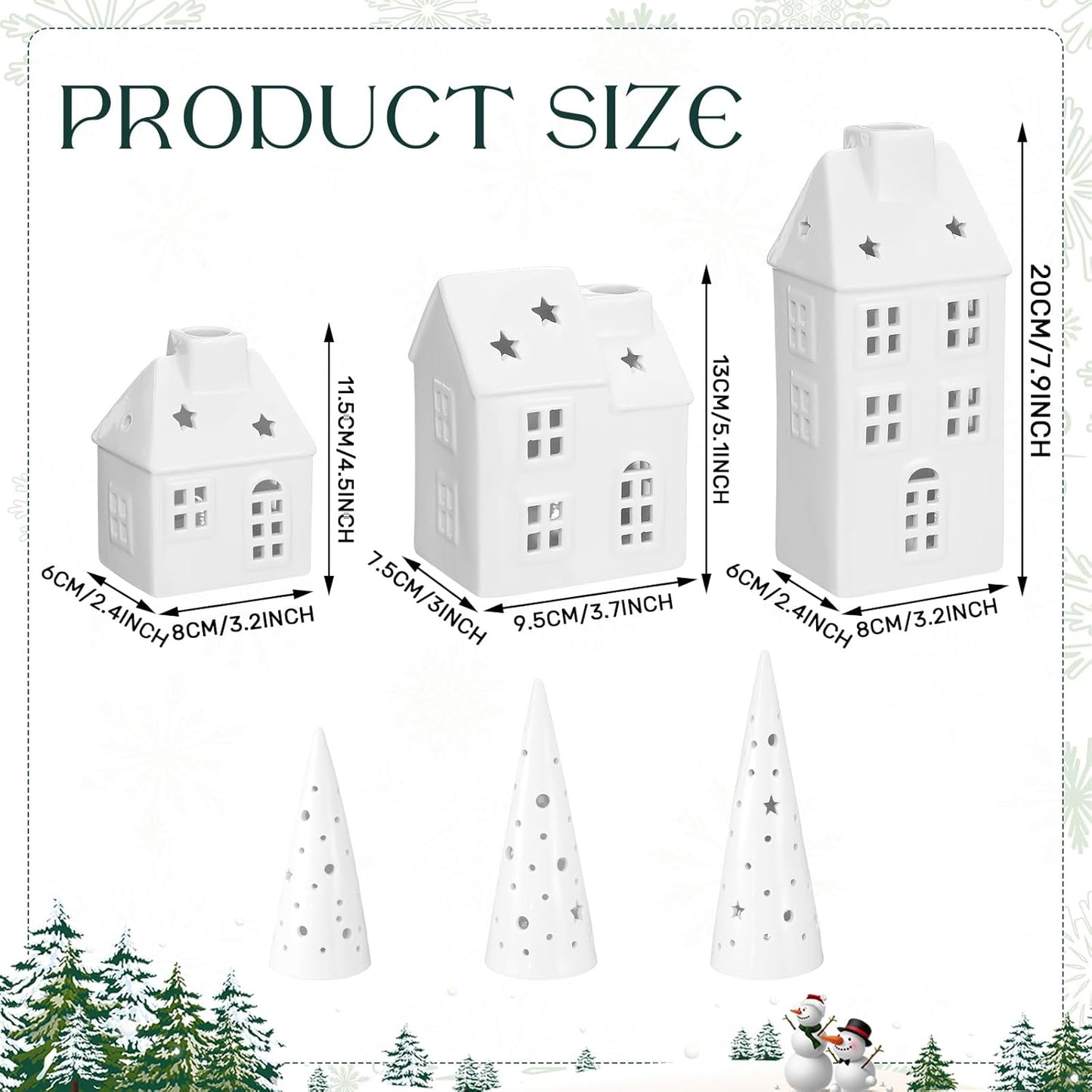 Newtay Ceramic LED Christmas Village Set - 3 Houses & 3 Trees for Festive Tabletop Decor | White Porcelain