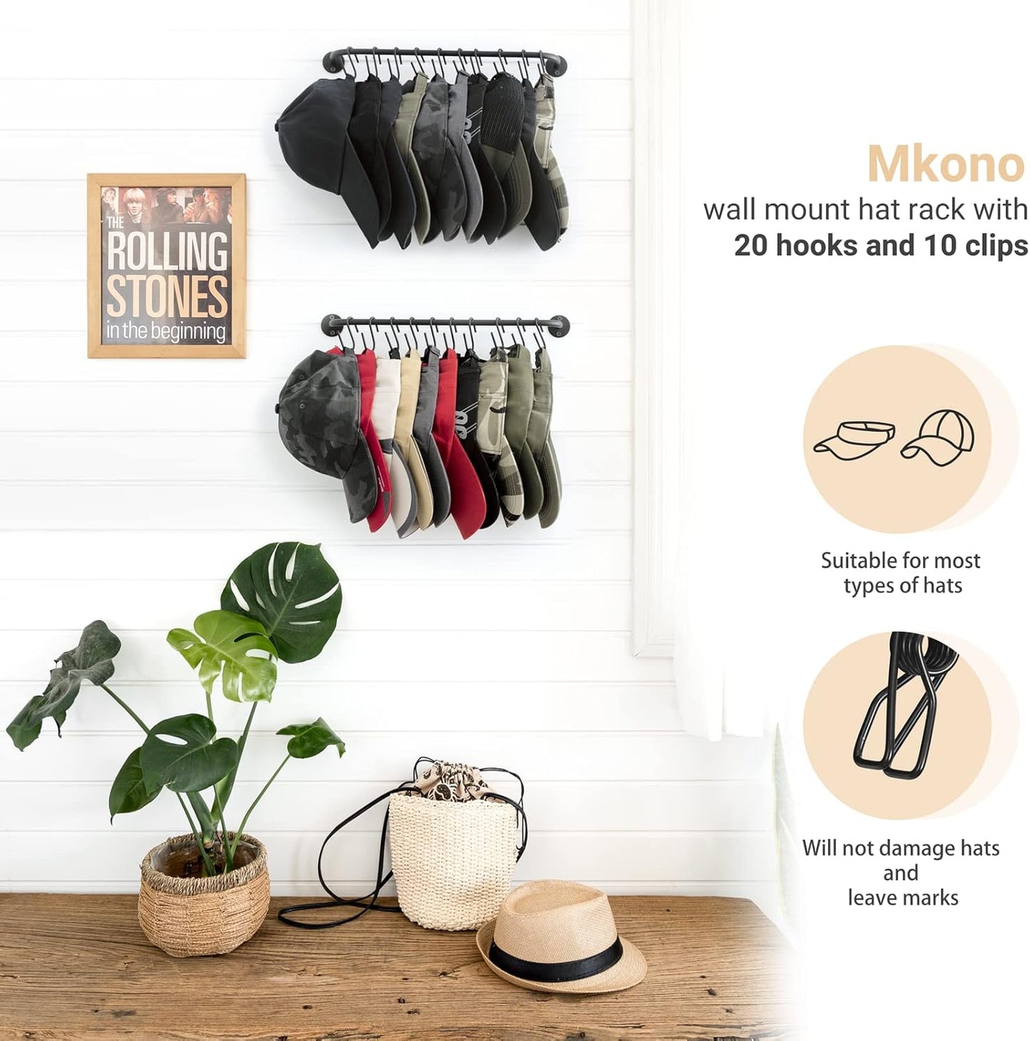 Mkono Hat Rack - Wall-Mounted Baseball Cap Organizer with 20 Hooks | Modern Metal Design, Set of 2 Black