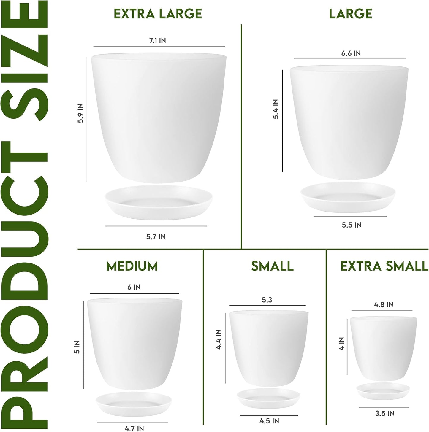 Utopia Home Indoor Plant Pots - Set of 5 White Plastic Planters with Drainage Holes | Modern Décor (4.8-7 Inch)