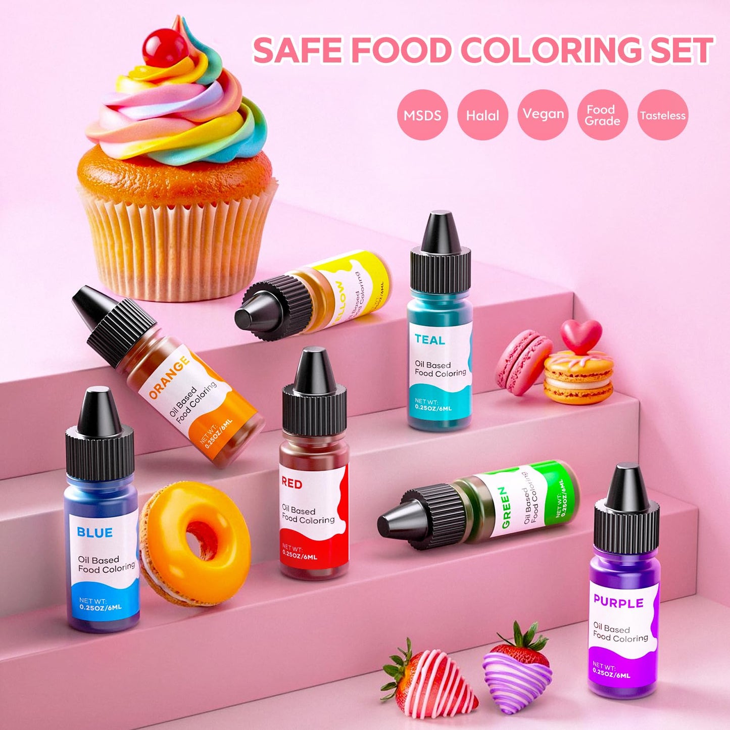 Oil Based Food Coloring for Chocolate Rainbow Oil Edible Food Dye Set for Halloween Baking Royal Icing Cookie Supplies Gluten Free 7x6ml Food Grade Food Color Kit, 0.25 Fl. Oz/Bottles