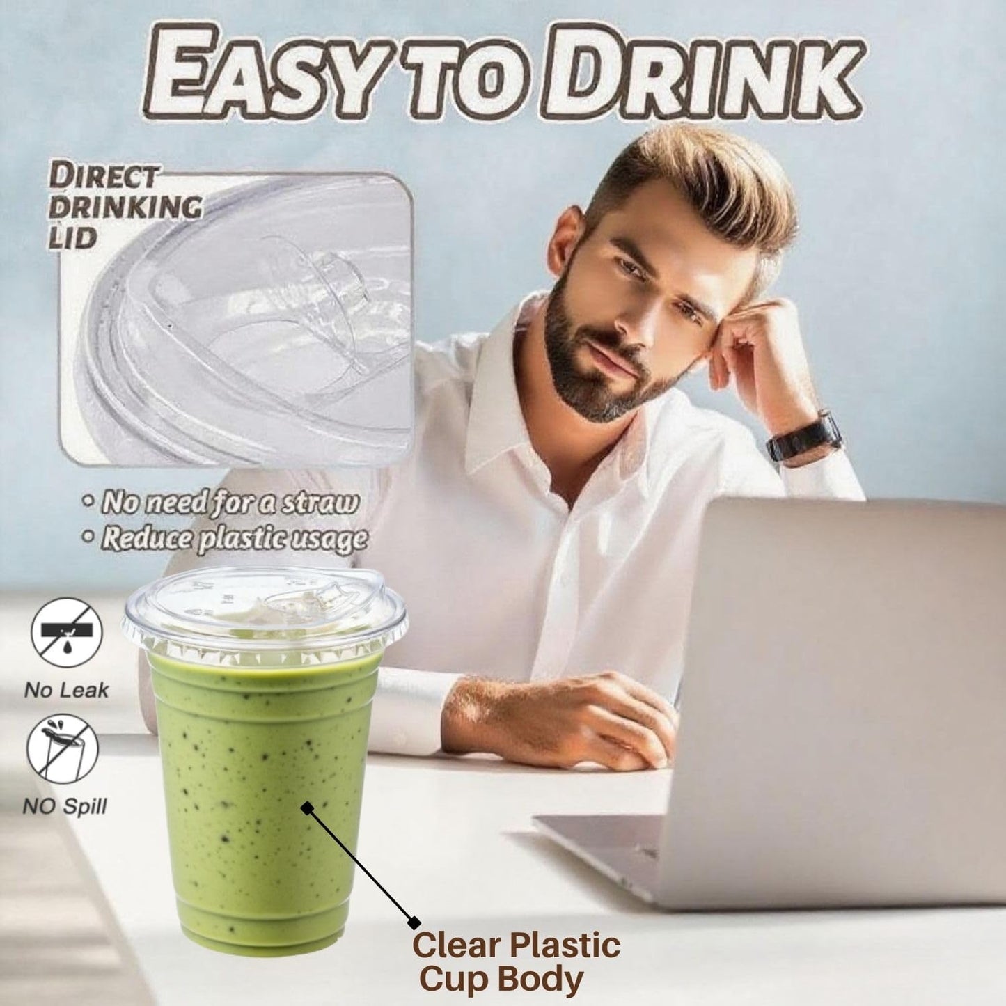 Skiennix 16 oz Clear Plastic Cups - Disposable Strawless Sip Lids for Iced Coffee, Smoothies & Juices