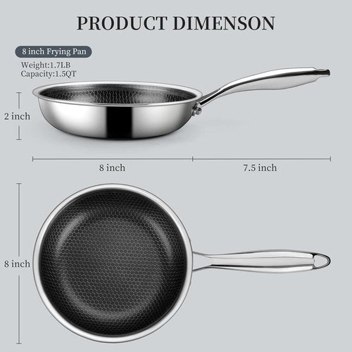 Innerwell Stainless Steel Frying Pan - 8 Inch Nonstick Honeycomb Skillet for Healthy Cooking | Compatible with All Cooktops