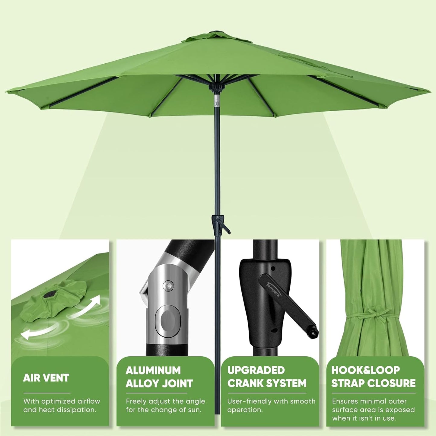 Tempera Outdoor Patio Umbrella - Large Sunshade with Push Button Tilt & Crank, Fade Resistant Canopy