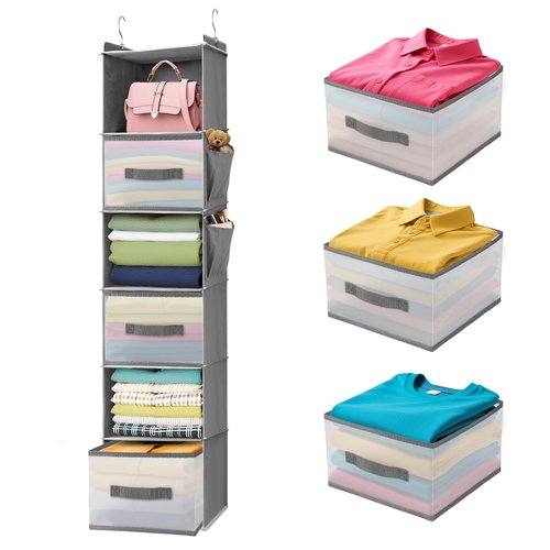 BIEBOS 6-Tier Hanging Closet Organizer with Drawers and Side Pockets – Versatile Closet Storage for Shoes, Hats, Belts, and Purses