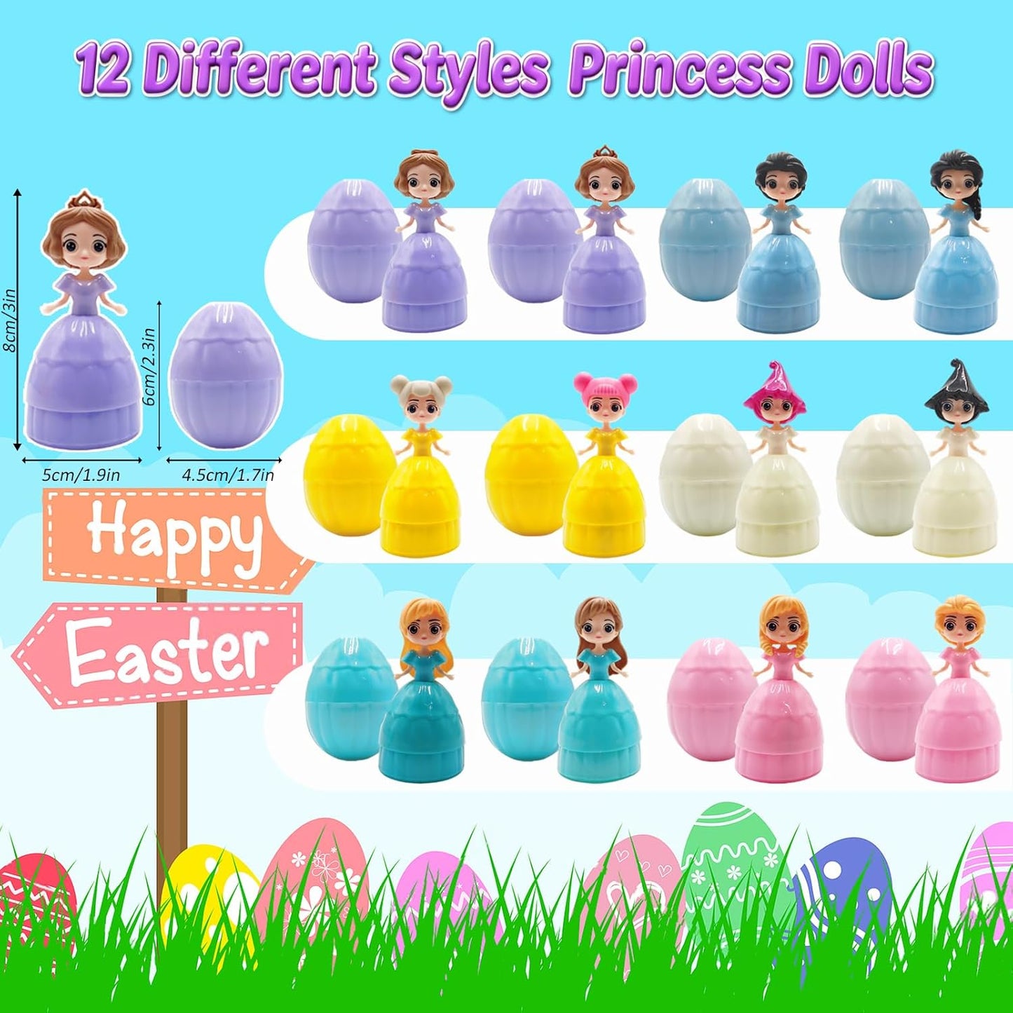 NICENINE Easter Eggs for Kids - 12 Piece Prefilled Princess Eggs | Perfect Goodie Bag Stuffers for Ages 3+
