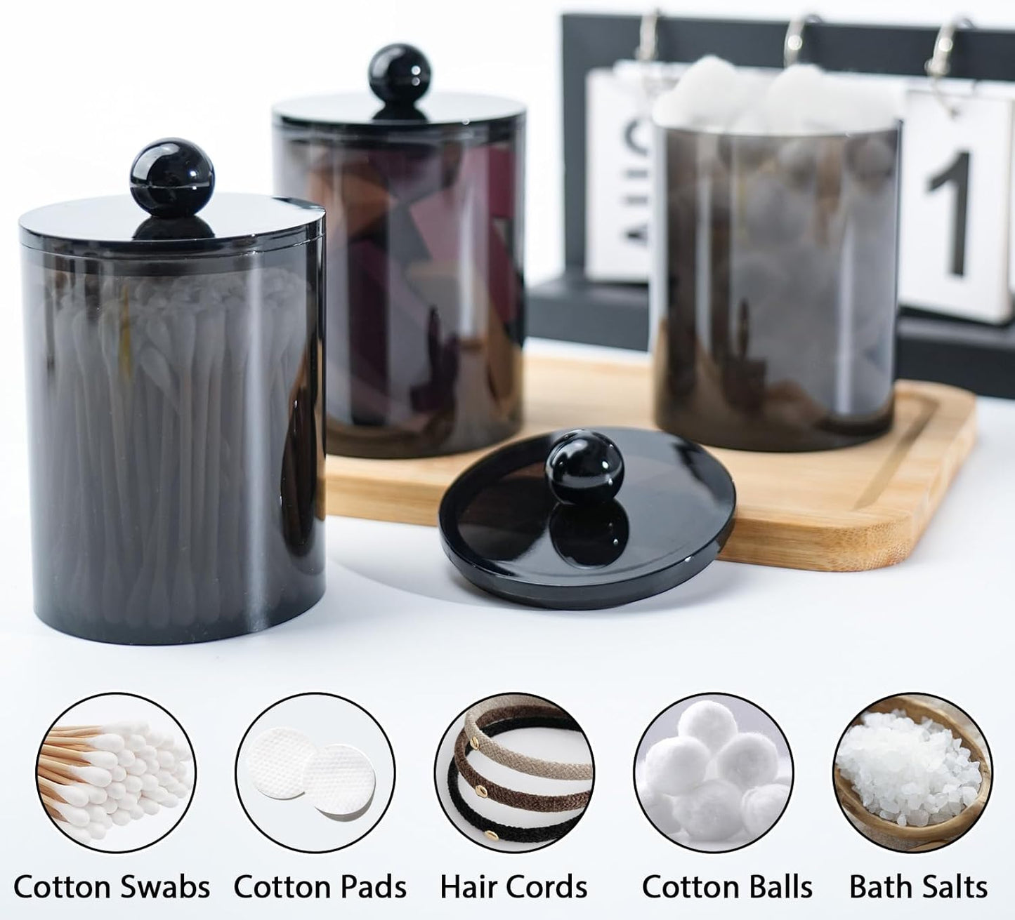 XIPENGKEJI Qtip Holder Set - 4 Pack Apothecary Jars with Lids for Cotton Swabs & Pads | 10oz-12oz Black