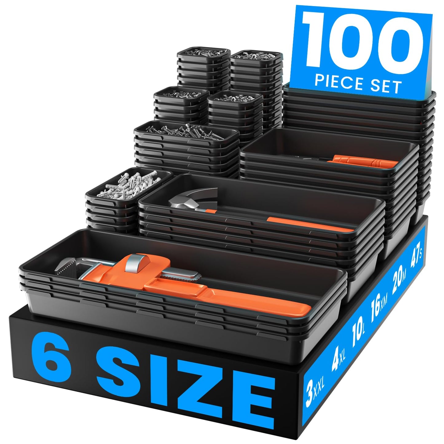 A-LuGei 【𝟲 𝗦𝗜𝗭𝗘 & 100PCS】 Tool Box Organizer Tray Set【Fits 100+ Tools】 Black Plastic Drawer Divider Desk Drawer Organizer Garage Organization for Rolling Tool Chest Cart Workbench Office Storage