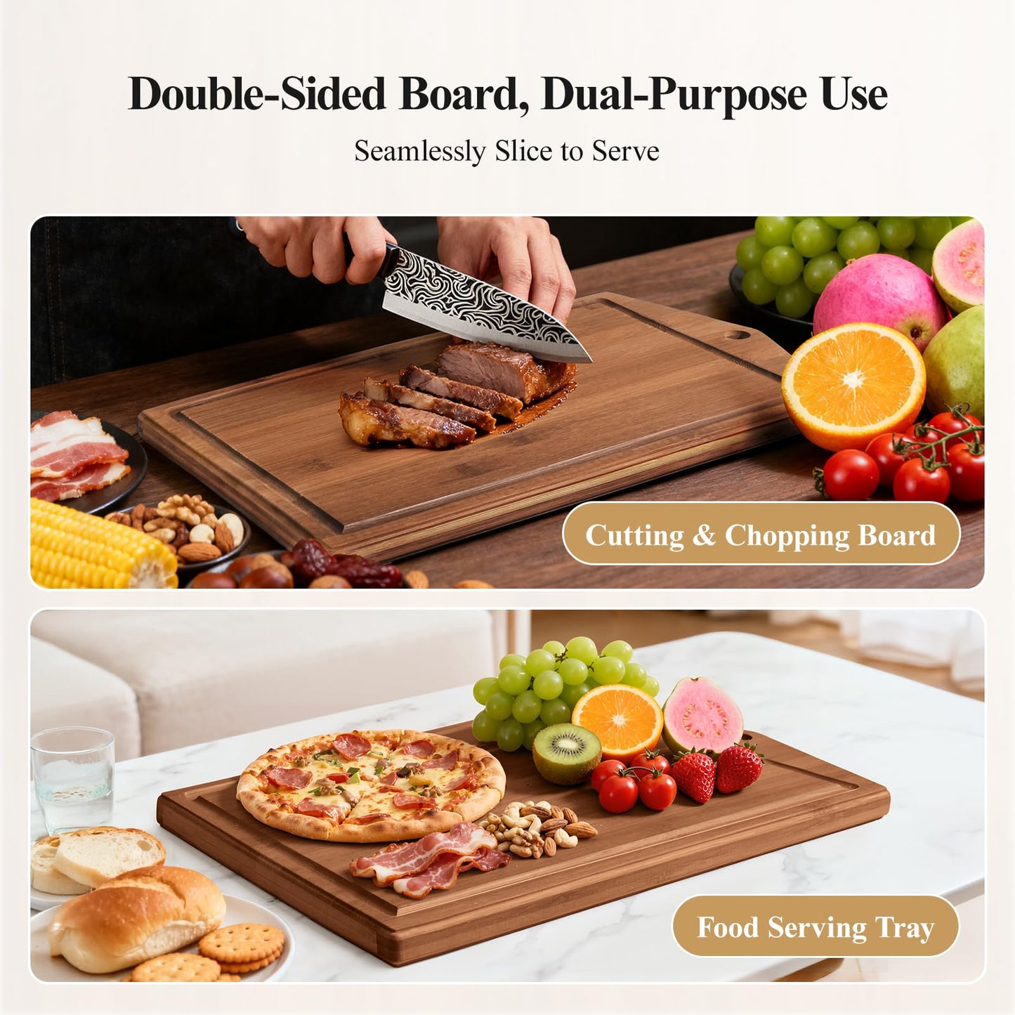Maxboro Bamboo Cutting Board Set for Kitchen, Detachable Stainless Steel Design, Double Sided Chopping Boards with Deep Juice Well and Built-in Handles for Meal Prep and Serving, Ideal Kitchen Gift