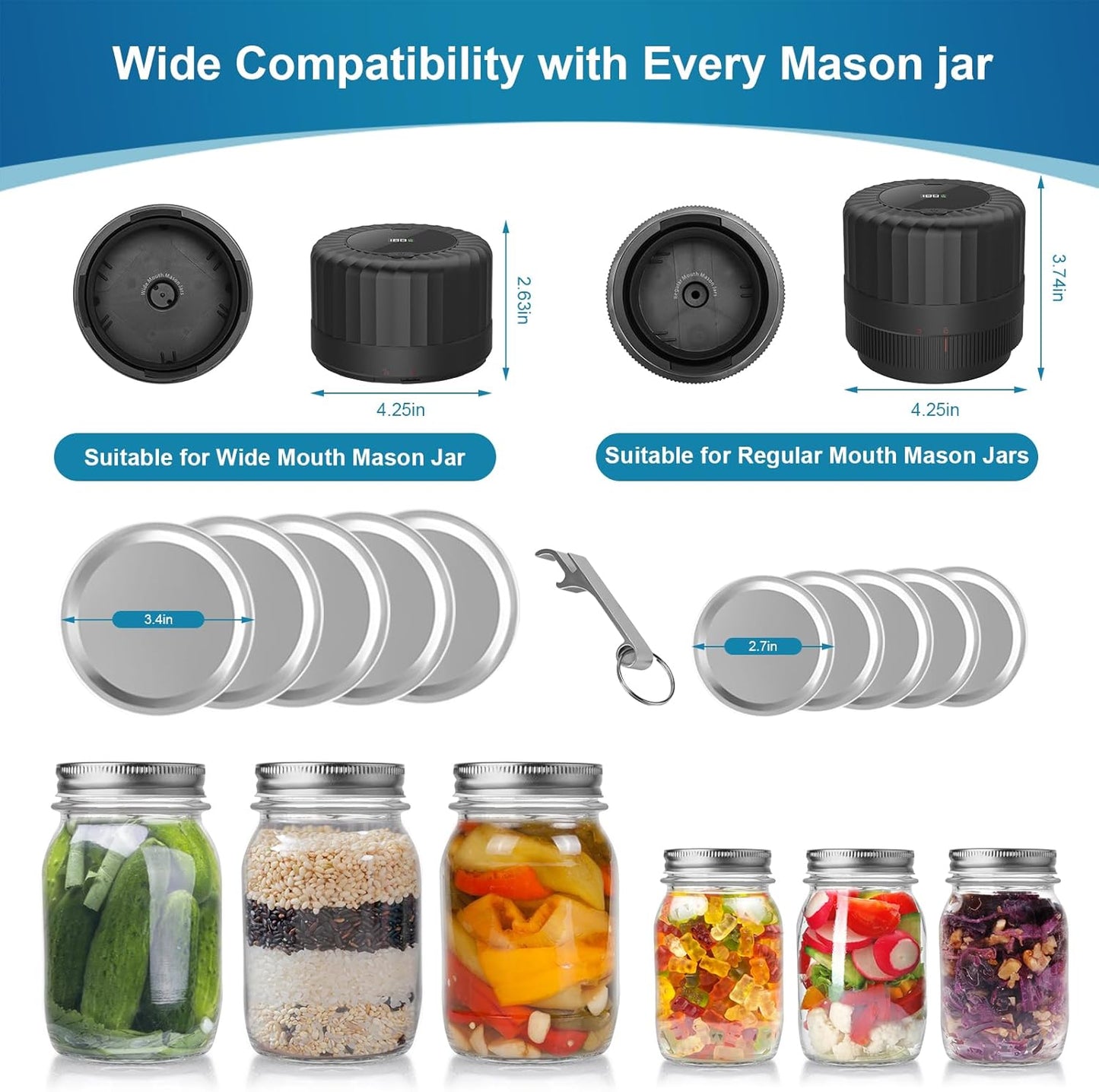 Skiennix Electric Mason Jar Vacuum Sealer - Automatic Wide & Regular Mouth Kit with Opener & 5 Lids