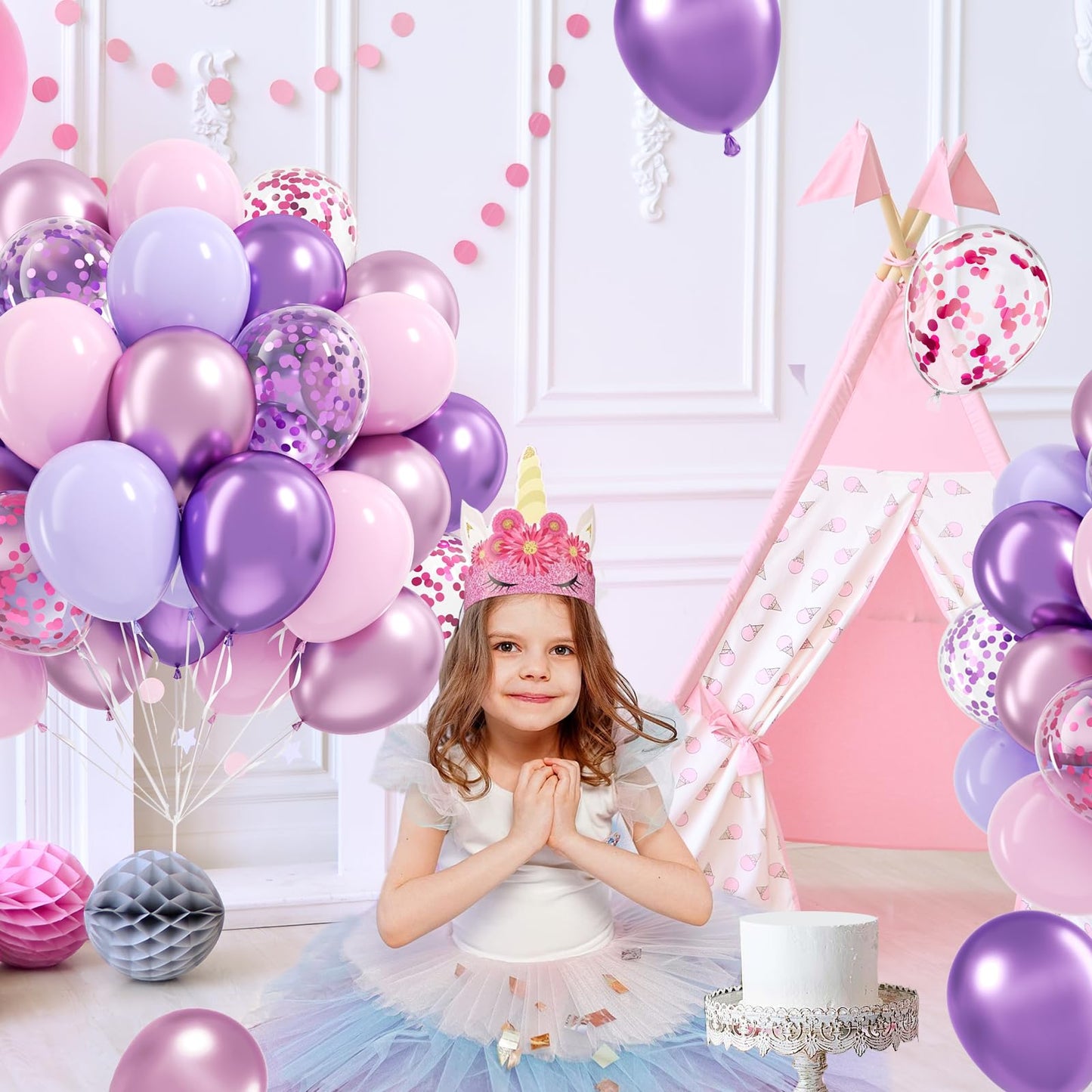61pcs Pink and Purple Balloons, 12 Inch Purple Pink Confetti Latex Balloons, Metallic Balloon for Bridal Baby Shower Wedding Women Birthday Party Decorations