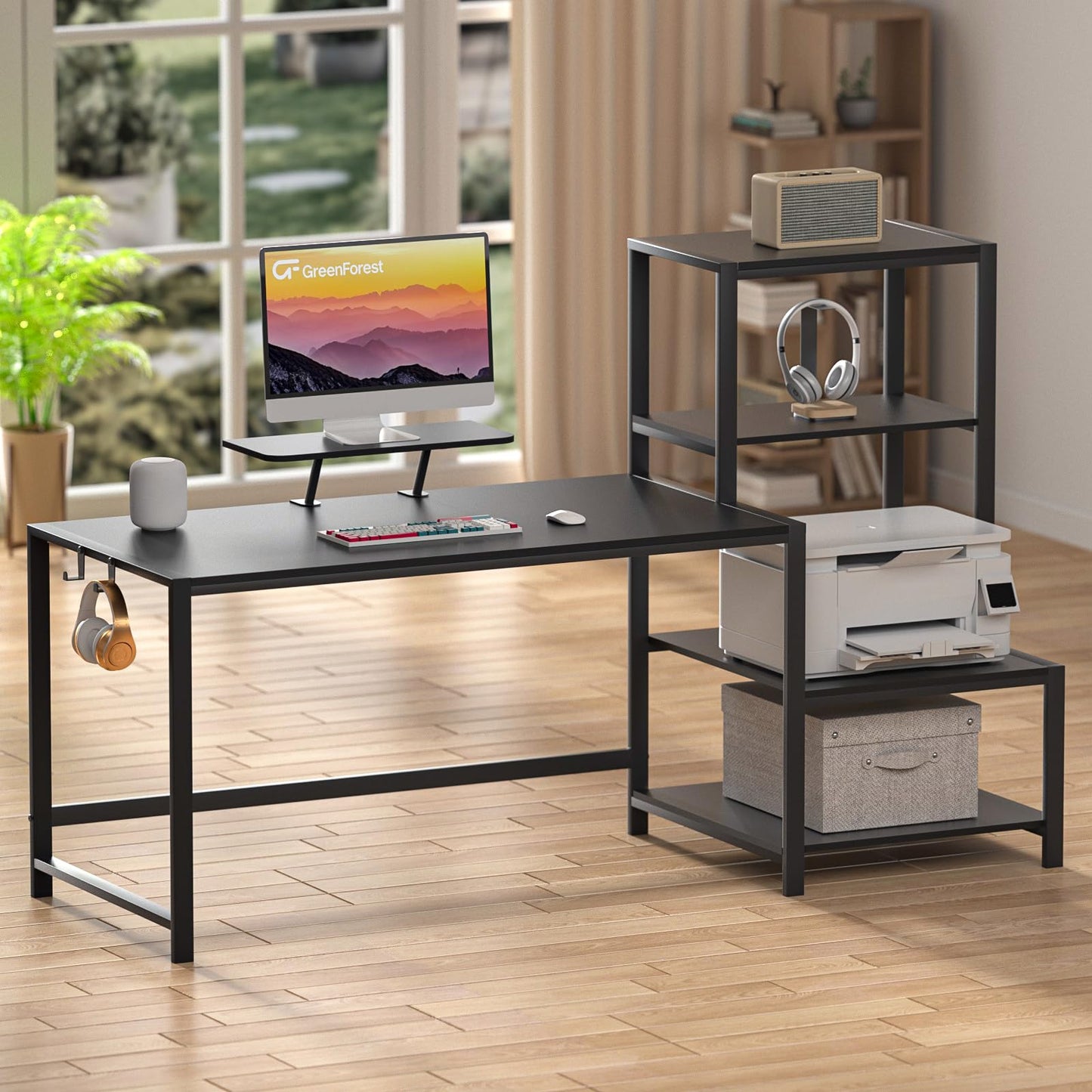 GreenForest Computer Desk 67 inch with Printer Shelf, Reversible Office Desk with Monitor Stand and 2 Hooks, Home Desk Workstation for Study Writing Working Gaming, Black