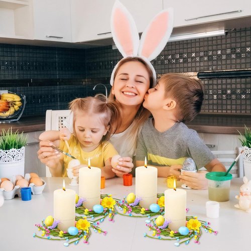 Jansun Easter Candle Rings - 4 Pcs Mini Wreaths with Pink & Blue Eggs for Table Decor | Spring Centerpieces