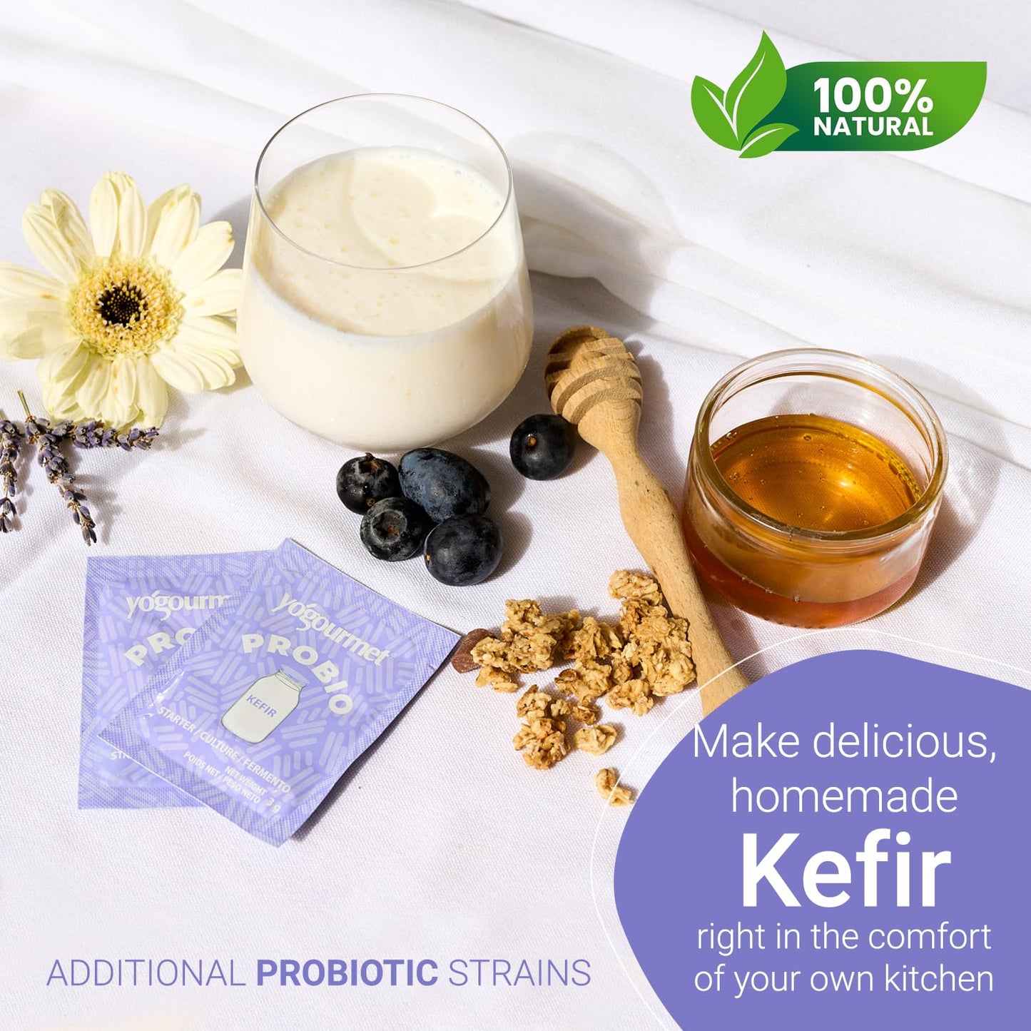 Yogourmet Kefir Starter with Probiotics (12 Sachets = 12 Quarts of Kefir) - Make Kefir at Home - Starter Culture - All Natural, Gluten Free, Kosher, Halal - 3 g Sachets