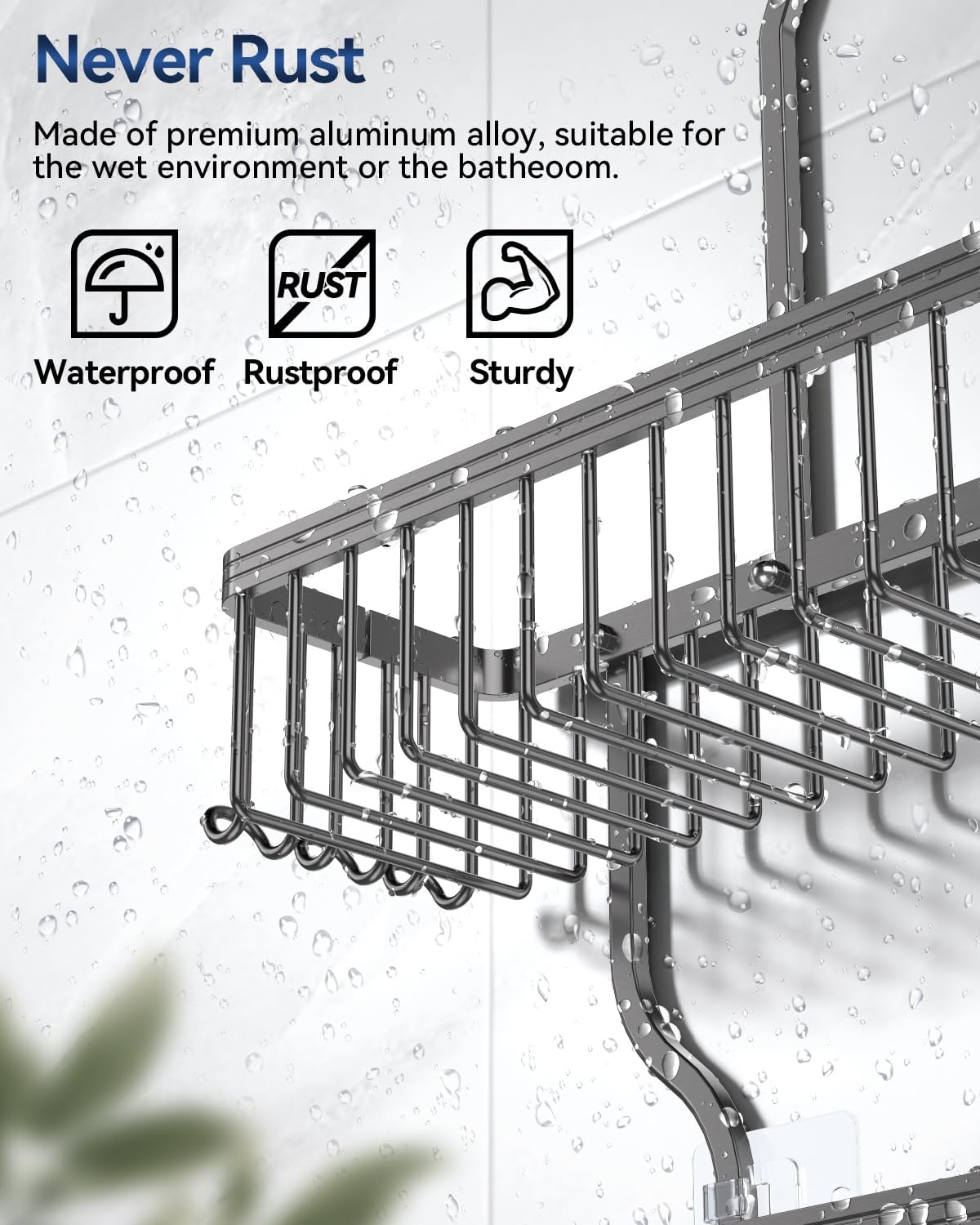 YASONIC Shower Caddy - Rustproof Aluminum Organizer with 10 Hooks & Soap Basket - Grey