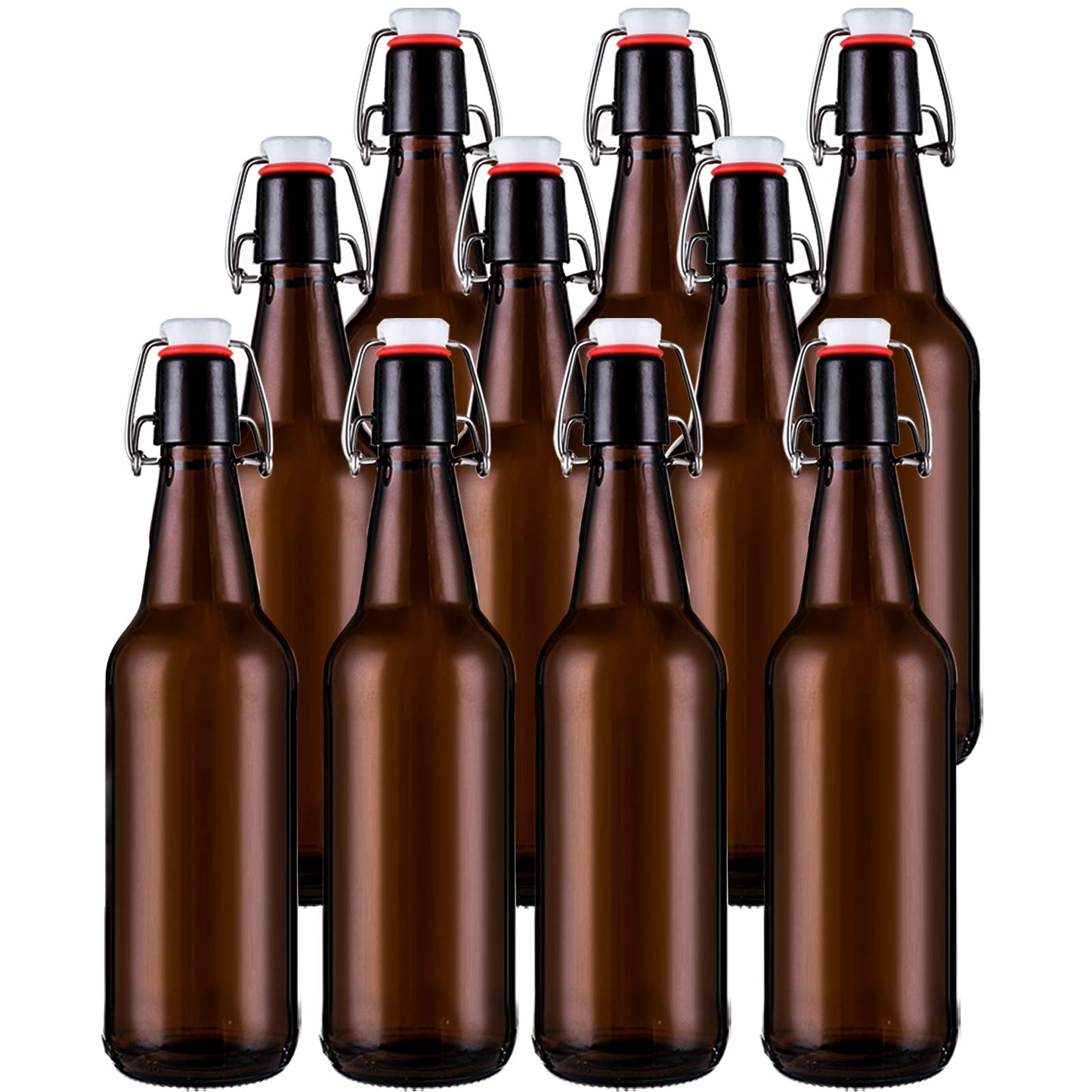Jucoan 10 Pack Amber Glass Beer Bottles,16 oz Swing Top Glass Bottles with Airtight Flip Cap for Home Brewing Fermenting Beer, Kombucha, Kefir, Coquito, Soda, Wine, Beverage