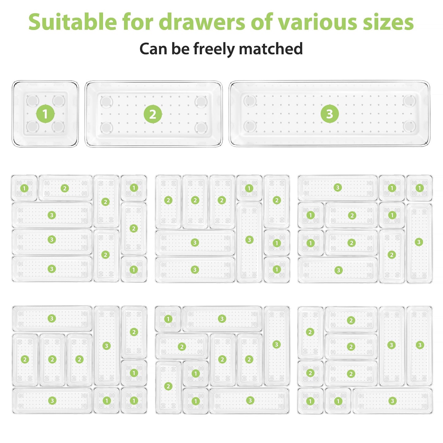 12 Piece Clear Drawer Organizer Set, 3 Sizes Bathroom Vanity Organizer Trays and Storage Bins for Makeup, Cosmetics, Jewelry, and Gadgets. Perfect for Office, Kitchen, Bedroom, Bathroom Use.