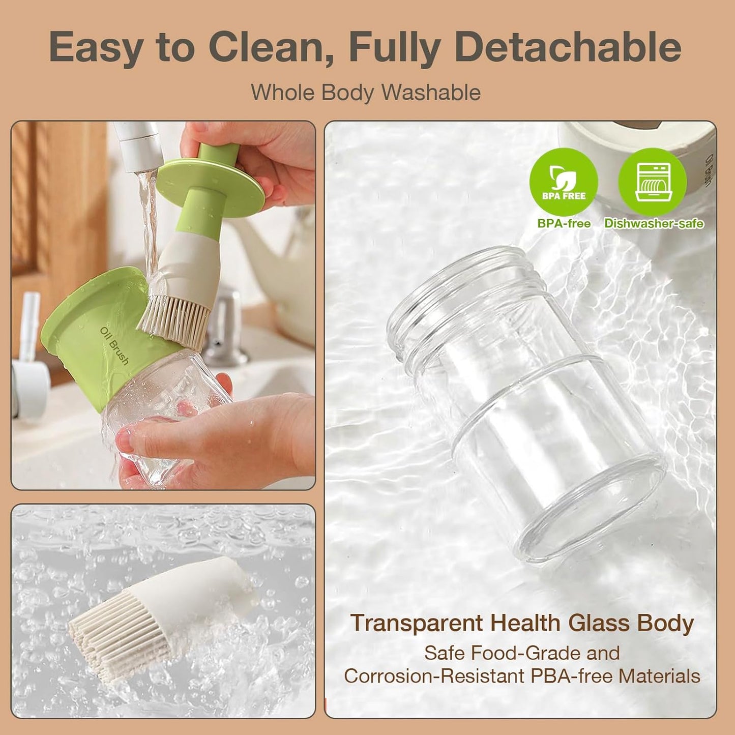 YARRAMATE Oil Dispenser with Brush - 300ml Glass Bottle for Kitchen | Heat Resistant Silicone Basting Brush - Green