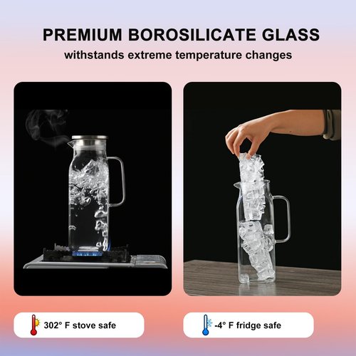 1.8-liter glass water bottle with lid, 60 ounce heat-resistant glass water bottle for refrigerator, with handle, suitable for parties and families. Used for tea, coffee, lemonade, juice, etc