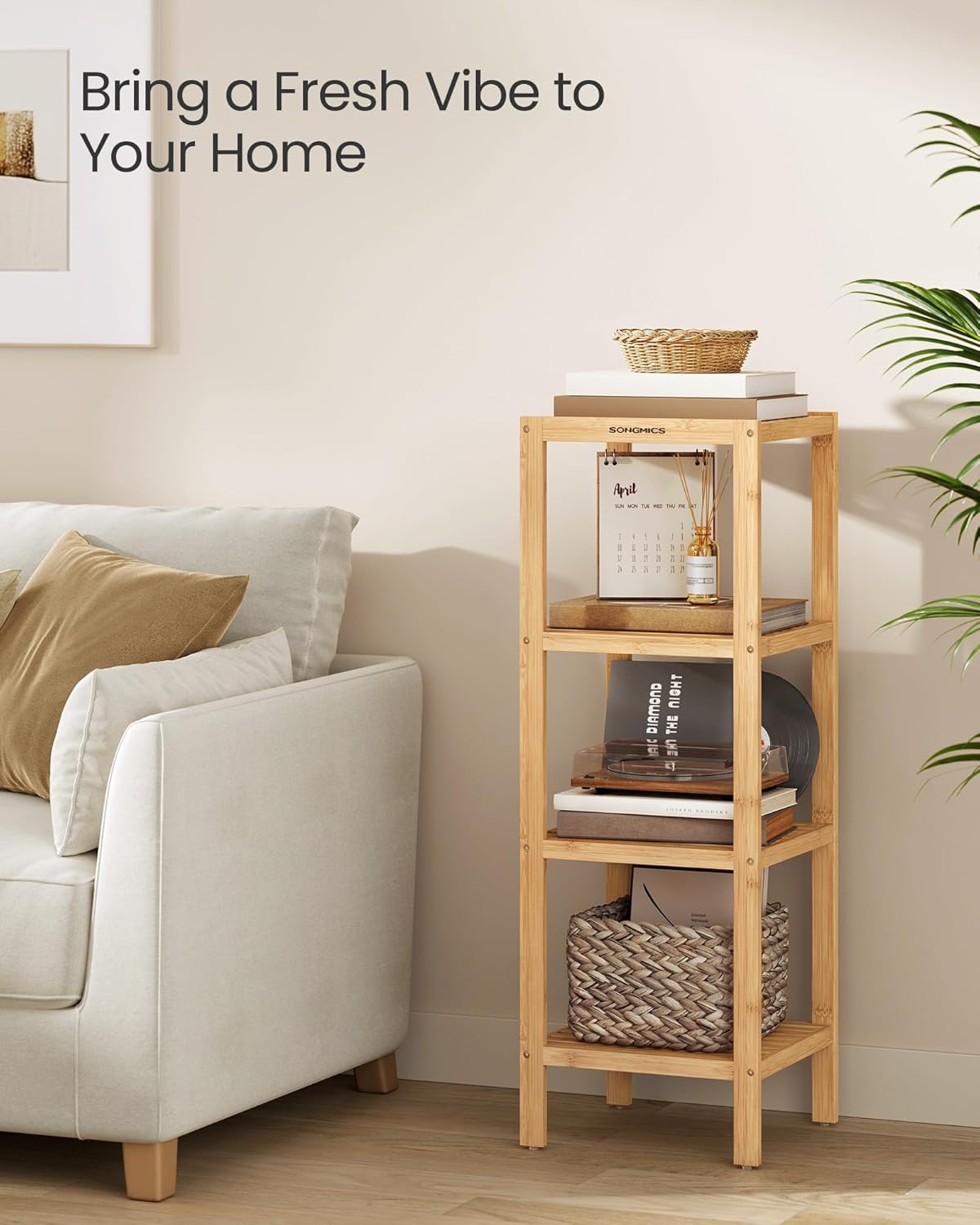 SONGMICS 4-Tier Bamboo Shelf - Versatile Corner Rack for Bathroom, Kitchen, Living Room | Natural UBCB54Y