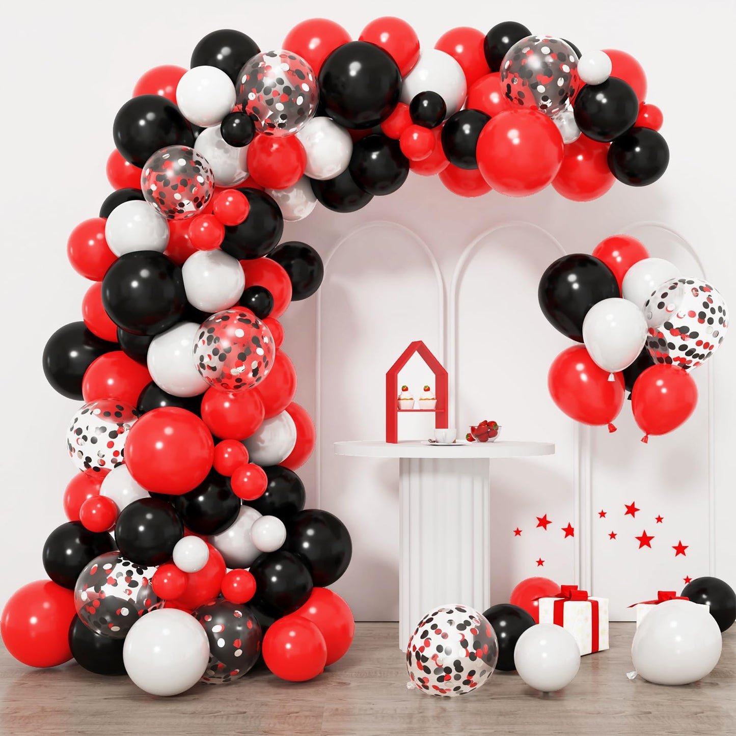 RUBFAC 129pcs Red Black White Balloons Confetti Garland Arch Kit for Graduation BBQ Casino Theme Party Decorations Poker Card Racing Car Birthday Supplies