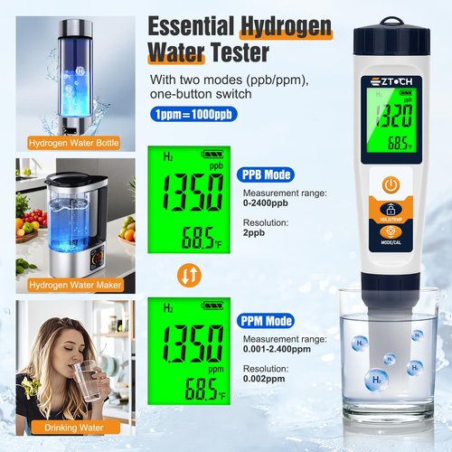 Hydrogen Water Tester pH H2 ORP Meter, Hydroponic pH TDS EC Meter, 6 in 1 pH H2 ORP TDS EC Temp Tester for Drinking Water and Pool, Dissolved Hydrogen Tester for Hydrogen Water Bottle