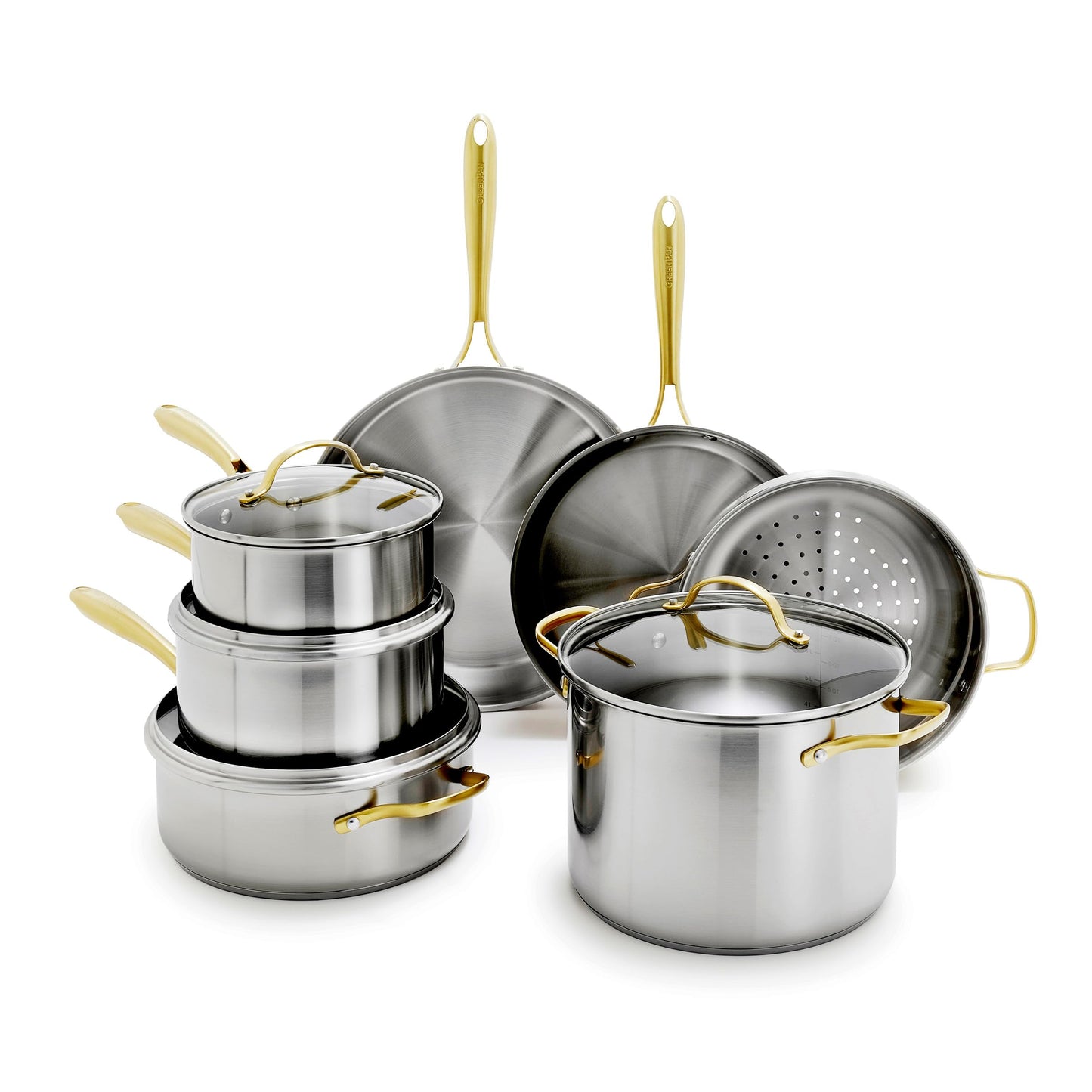 GreenPan Stainless Steel Cookware Set, 11 Piece, Induction Cookware, Dishwasher Safe, Oven Safe to 600F, Large 8QT Stock Pot, Sauce, Saute, Frying Pans, Pots & Pans Kitchen Essentials, Gold