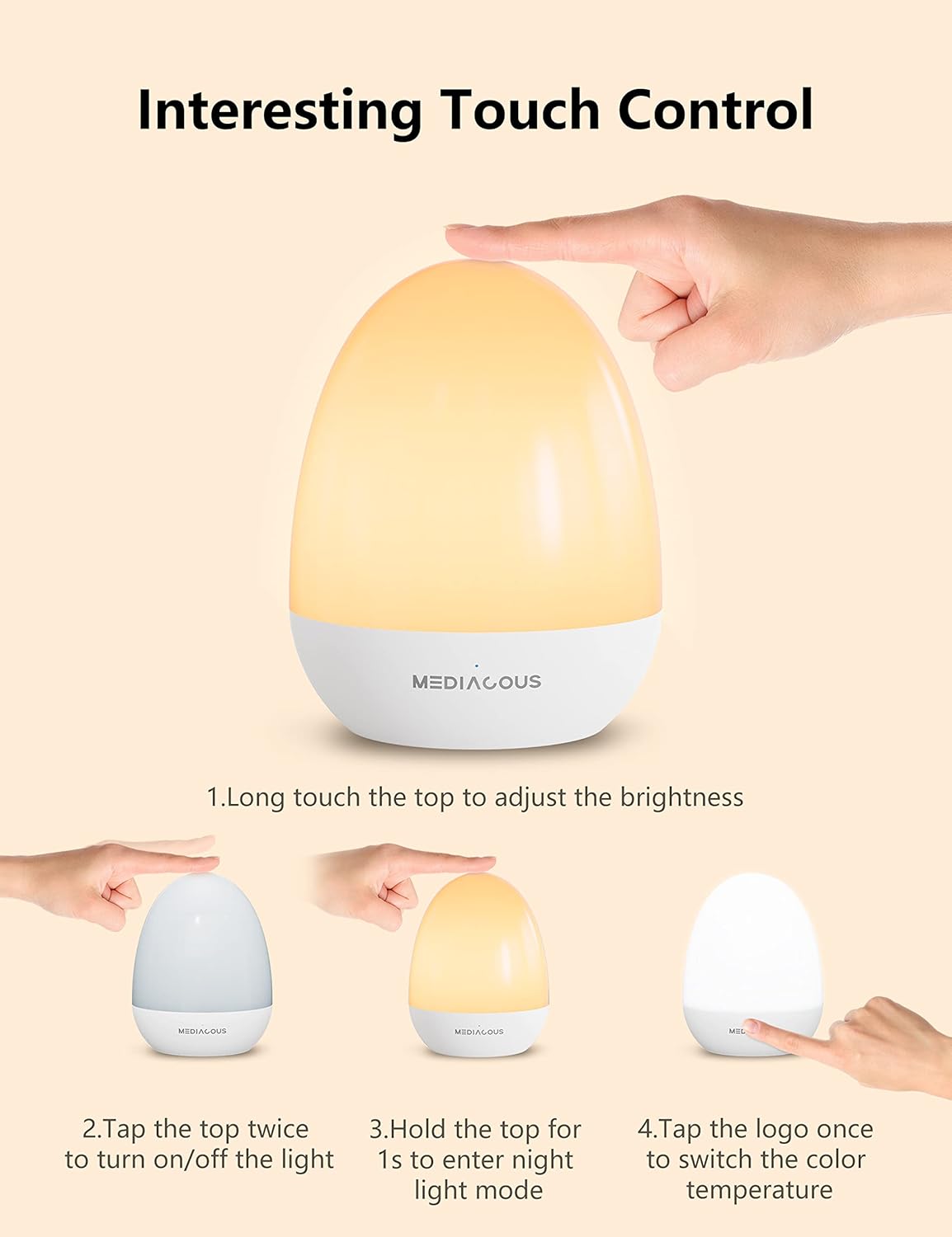MediAcous Night Light - Dimmable Egg Light for Kids' Room | Touch Control & 1H Timer, 200H Battery Life