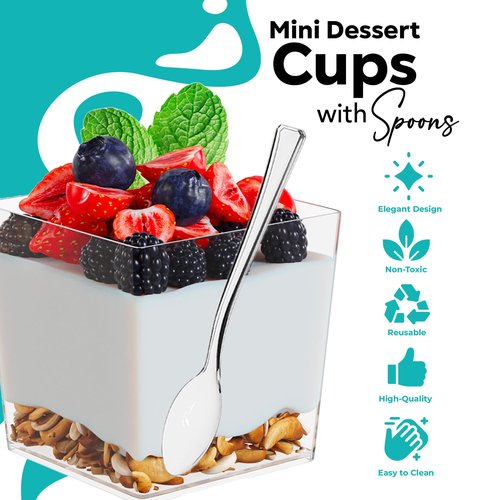 Exquisite Mini Dessert Cups With Spoons 400 Pcs - 3.6 Oz Square Plastic Dessert Cups Disposable With Tasting Spoons 200 Sets | Mini Parfait | Appetizers For Party