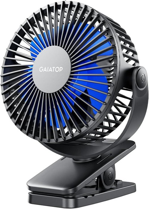 Gaiatop Portable Clip-On Fan - Battery Operated, 3-Speed Quiet Cooling - USB Rechargeable Mini Fan for Home & Office - Black/Blue