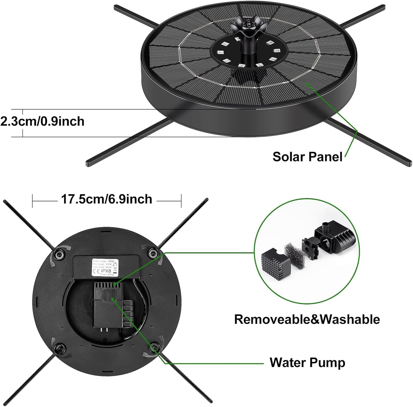 SEIRMEP Solar Fountain Pump - Upgraded Glass Bird Bath Fountain with LED Lights & 6 Nozzles | 3 Spray Heights