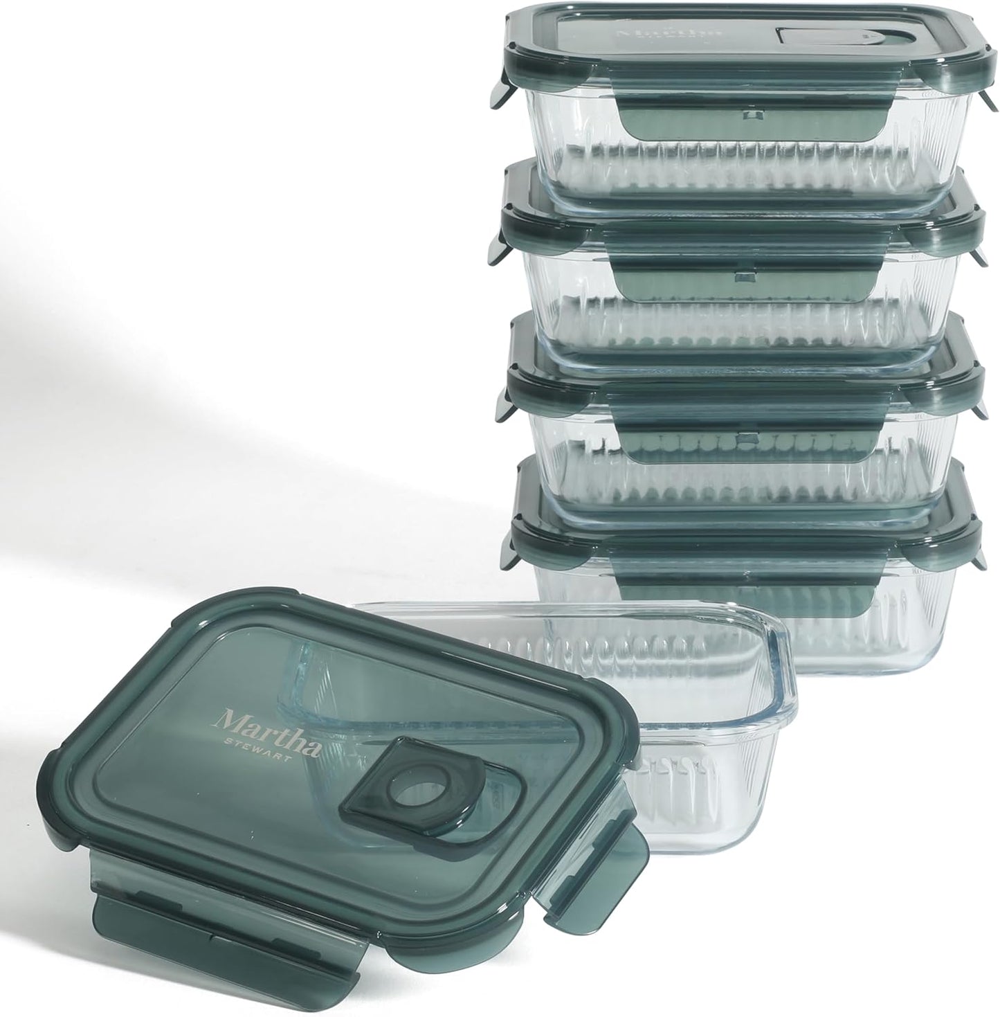 Martha Stewart Shadowbrook 5-Piece Borosilicate Glass Storage Container Set - Airtight Lids, 21.6 oz, Microwave & Dishwasher Safe