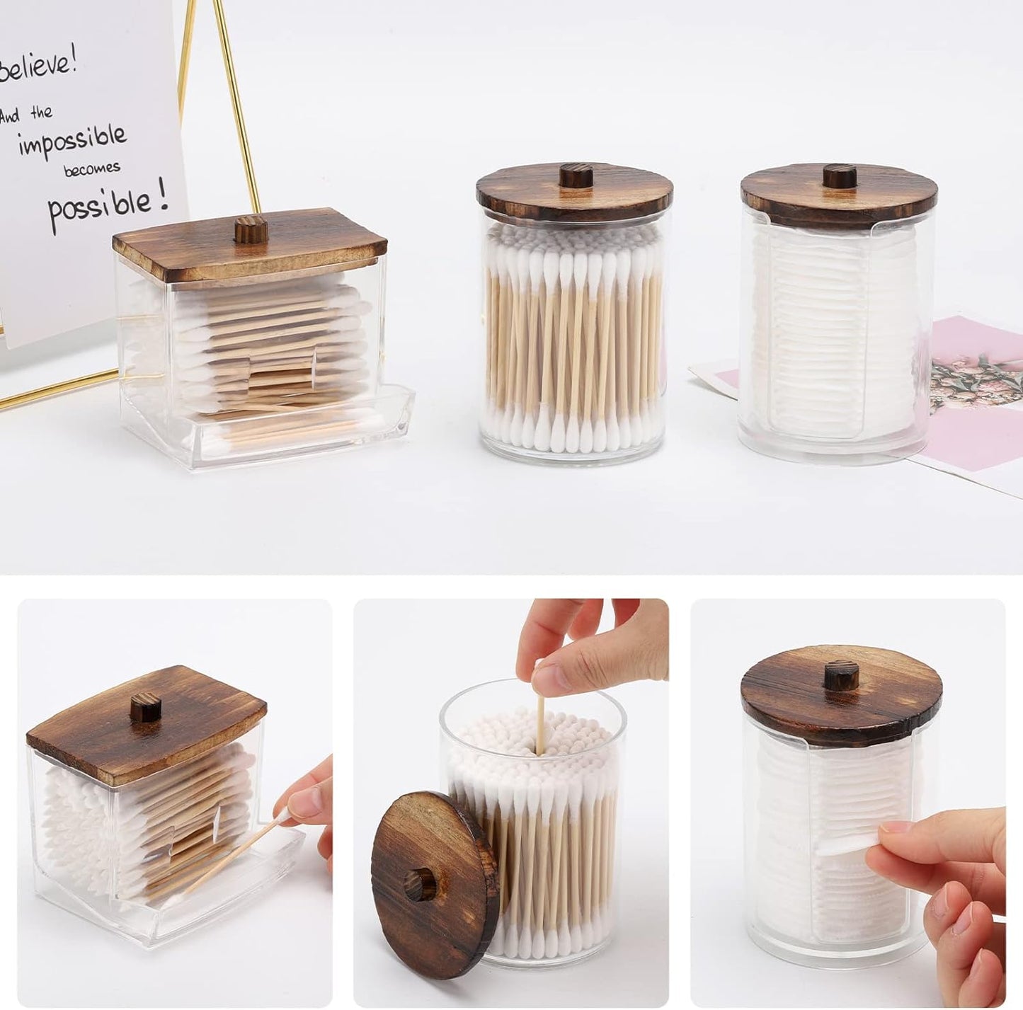 Tbestmax Bathroom Organizer Set | 3-Piece Apothecary Jar Set with Wood Lids for Q-Tips & Cotton Balls