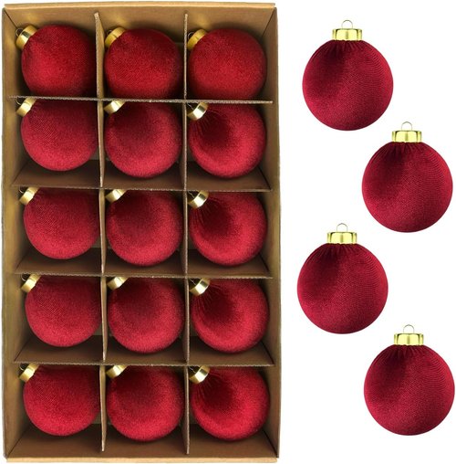 Dark Red Velvet Balls Ornaments - 15 PCS Shatterproof 3.15 Inch Decorative Christmas Baubles | Flocked Burgundy Holiday Decor