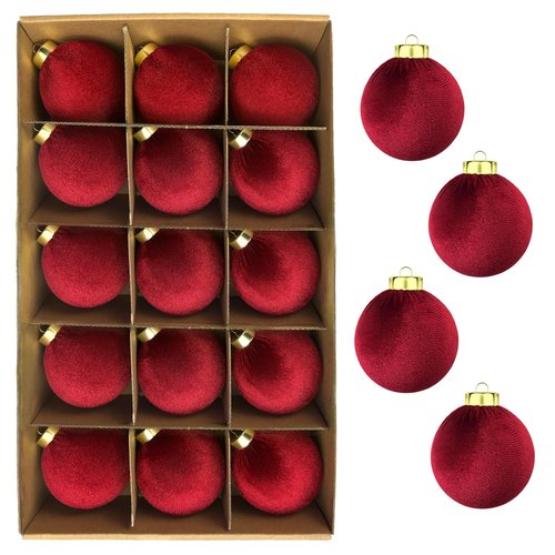 Dark Red Velvet Balls Ornaments for Christmas Tree 15 PCS, 3.15 Inch Large Shatterproof Earth Tones Christmas Bulb Ornaments Set-Decorative Hanging Baubles, Flocked Classic Decor for Holiday(Burgundy)