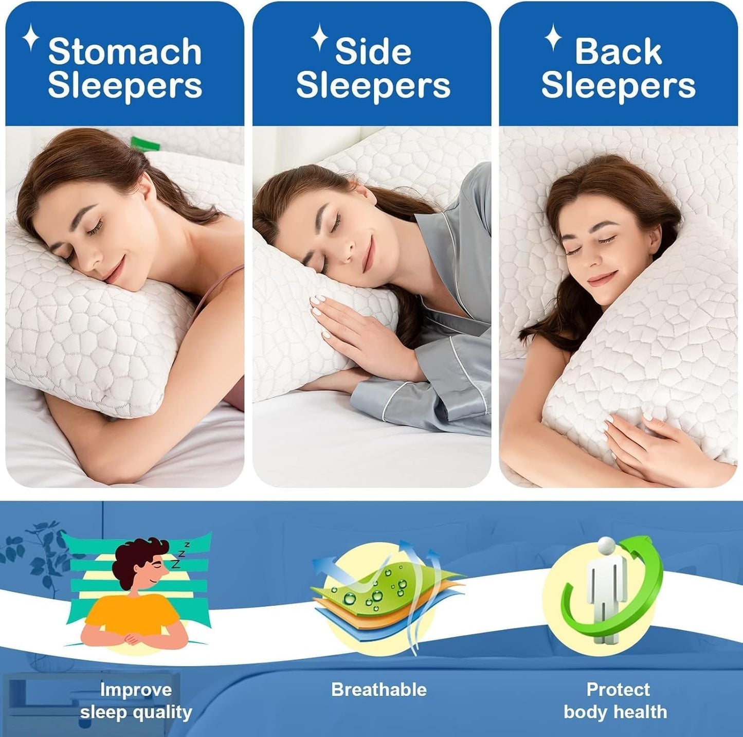 Skiennix Cooling Pillow Set - Adjustable Shredded Memory Foam | Queen Size 2-Pack for All Sleepers