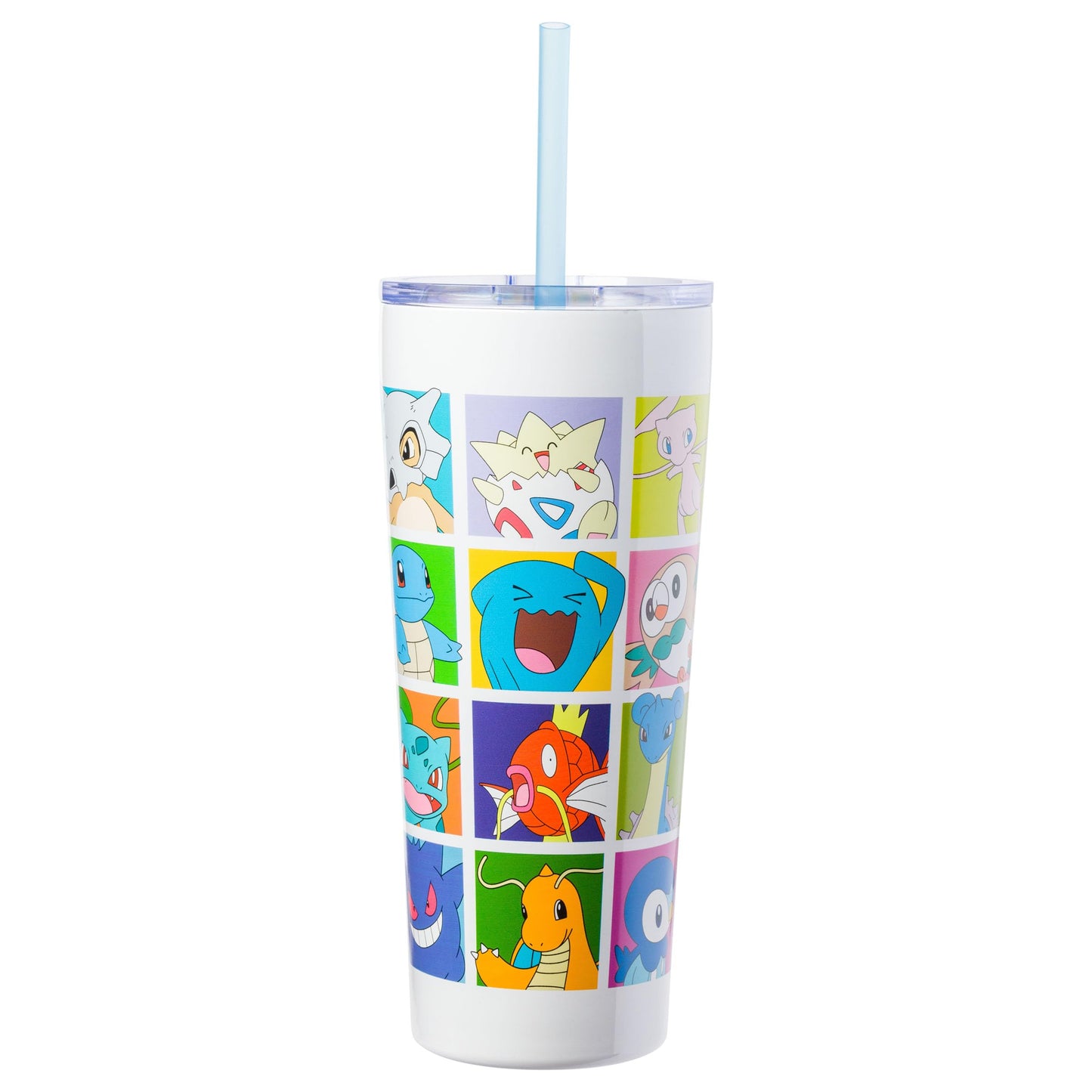 Silver Buffalo Pokemon Pikachu, Snorlax, Charmander, Squirtle, Bulbasaur, Eevee, Gengar, Togepi, Magikarp, Psyduck, Jigglypuff, Meowth, Mew Double Walled Stainless Steel Tumbler with Straw, 22 Ounces
