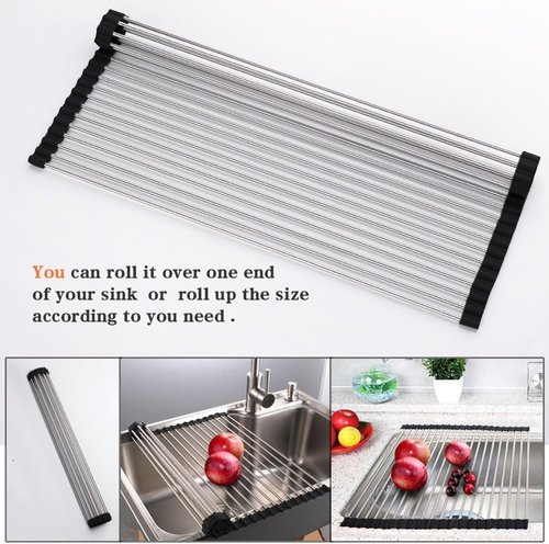 Ahyuan Roll-Up Dish Drying Rack - Portable Over-The-Sink Drainer | Foldable Design, Black 20.5''x16.9''