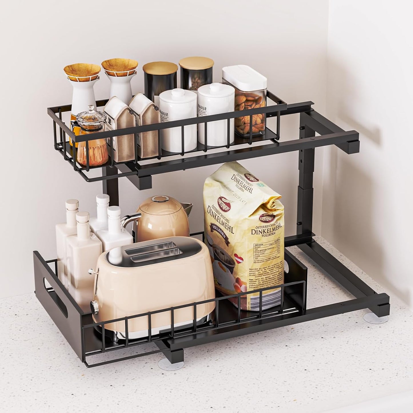 Under Sink Organizer - Skiennix Heavy Duty Metal Pull-Out Cabinet Shelf | Adjustable Multi-Purpose Storage (Black, 1 Pack)