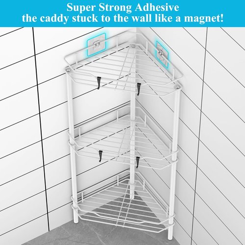 HuggieGems Corner Shower Caddy Organizer - 3 Tier Floor Stand with Hooks | White Bathroom Shelf