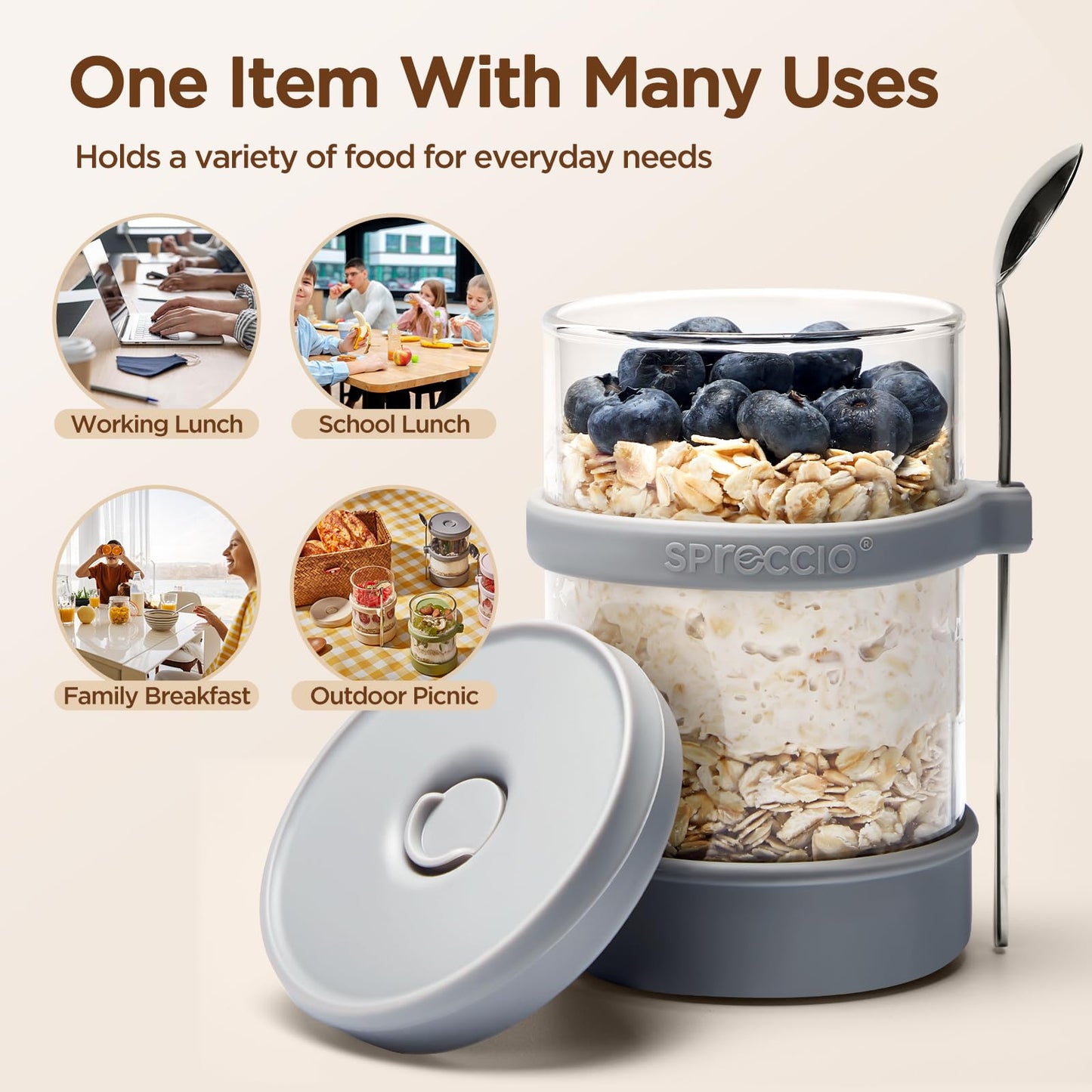 Spreccio Glass Overnight Oats Containers with Lids of Silicone and Spoon 16 oz [2 Pack], Airtight Overnight Oats Jars with Silicone Lid, For Yogurt Containers Chia Pudding Jars Snack Spice (Green)