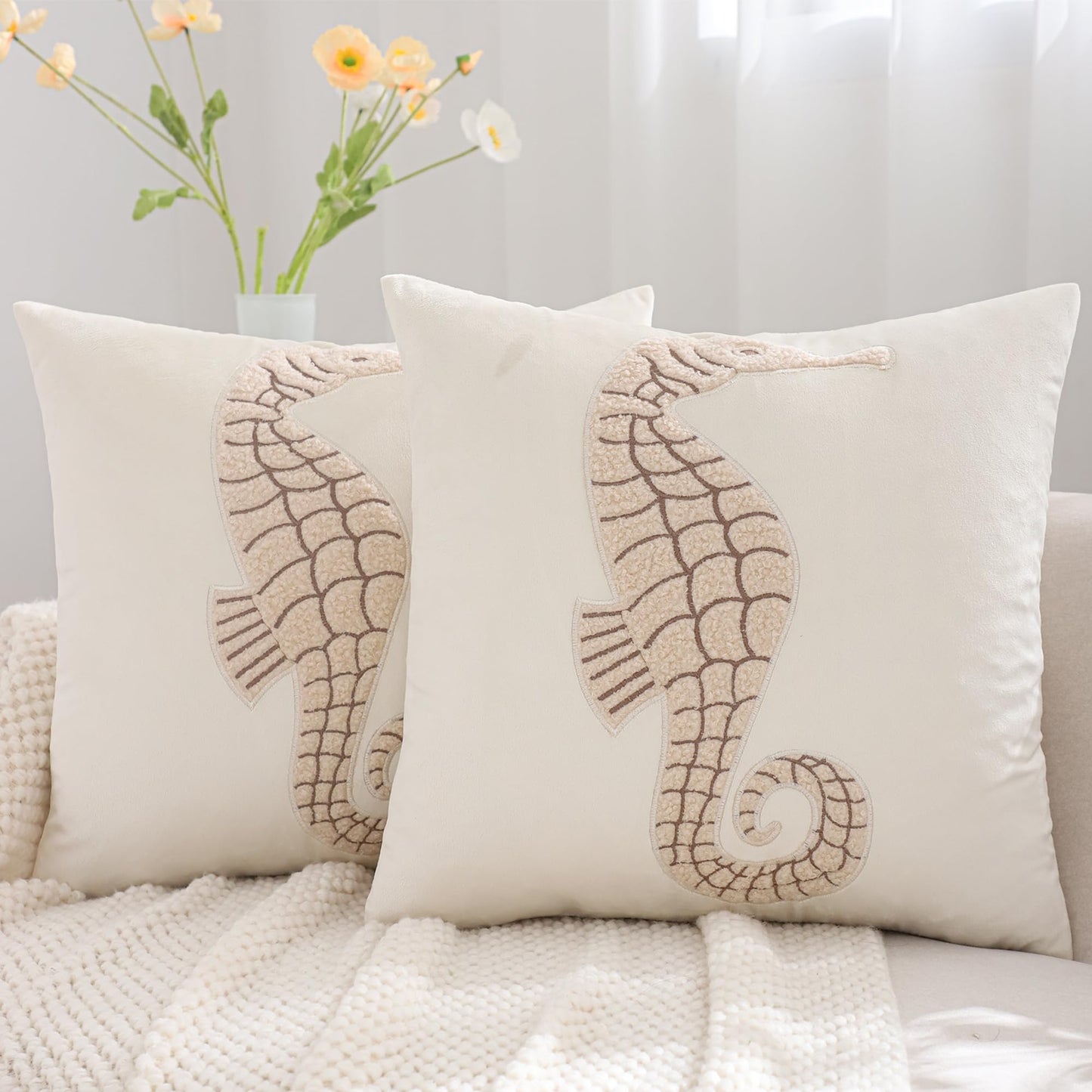 Tosleo Coastal Throw Pillow Covers 18x18 Pack of 2 Beige Seahouse Embroidered Pillow Covers Beach Velvet Pillow Cushion Cases Farmhouse Decor Ocean Themed Pillowcase for Summer