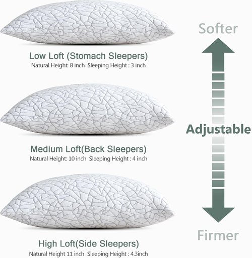 BPC Premium Rayon Bamboo Firm Pillows - Hypoallergenic Shredded Memory Foam | Queen Size Set of 2