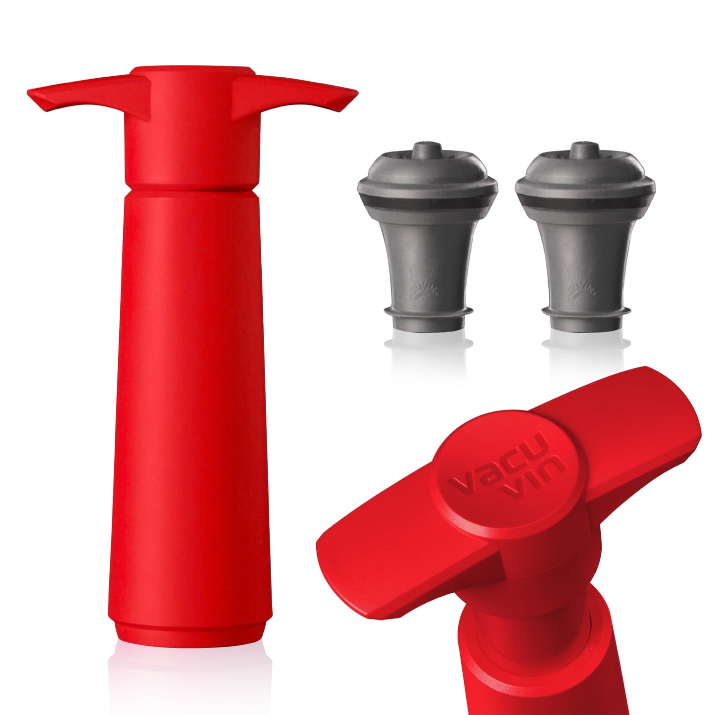 Vacu Vin Wine Saver Pump Red with Vacuum Wine Stopper - Keep Your Wine Fresh for up to 10 Days - 1 Pump 2 Stoppers - Reusable - Made in the Netherlands