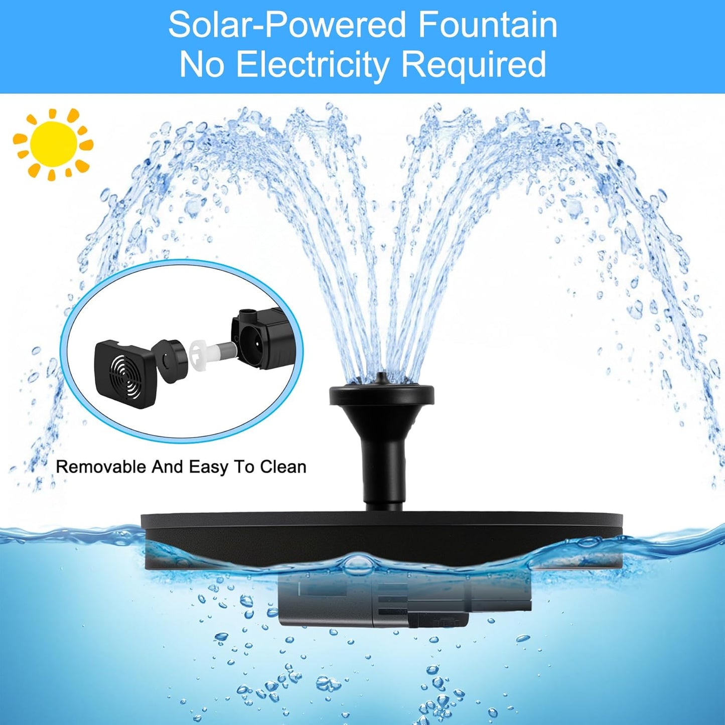 Skiennix Solar Fountain - Floating Water Pump with 6 Nozzles & 4 Fixed Pipes for Bird Baths, Gardens, Ponds, Pools