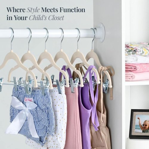 Home-it Non-Slip Velvet Baby Clothes Hangers with Clips | 12 Pack - Heavy-Duty Ivory Skirt & Pants Hangers